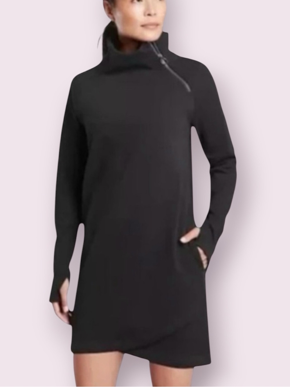 Athleta Cozy Karma Sweatshirt Dress Asymmetrical Zip Thumb Holes Black Size XS